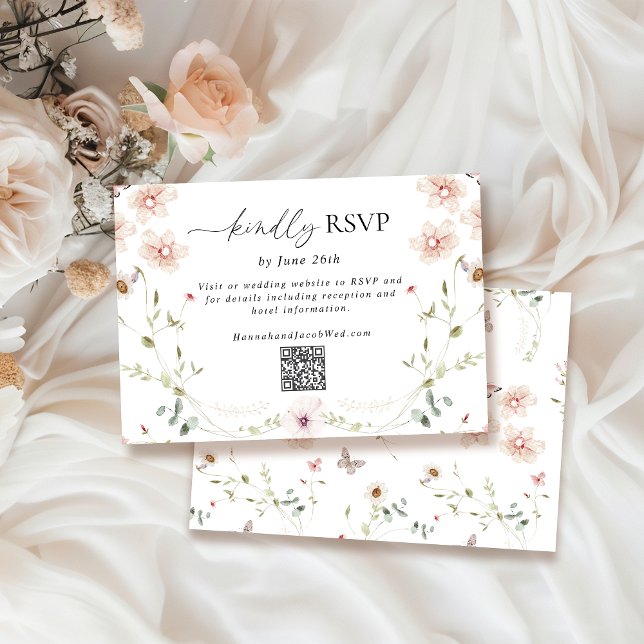 Delicate Wildflower Wedding QR Code RSVP Card (Creator Uploaded)