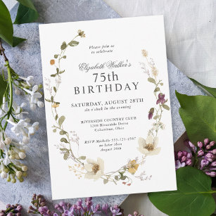 Delicate Wildflowers Feminine 75th Birthday Party Invitation