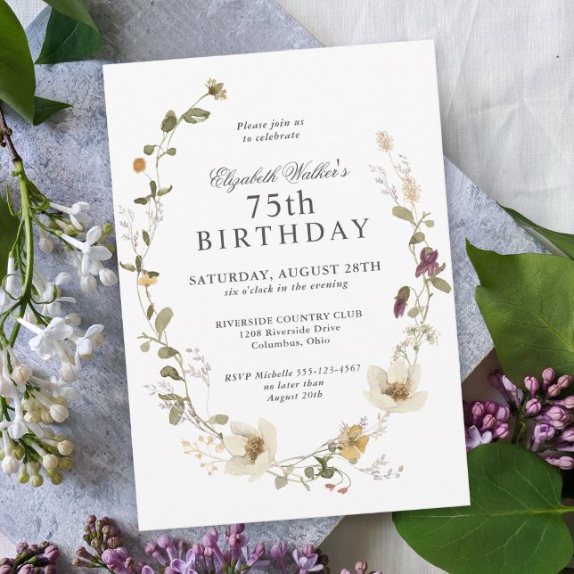 Delicate Wildflowers Feminine 75th Birthday Party Invitation (This charming wildflowers botanical 75th birthday invitation is available as a digital download!)