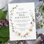 Delicate Wildflowers Feminine 90th Birthday Party Invitation<br><div class="desc">A beautifully feminine party invitation to celebrate a 90th birthday in trendy boho style, this irresistible floral design is bordered in a charming wildflower open wreath of delicate blossoms in white, yellow, purple and pink with intricate greenery. The look is soft and lovely. All of the text may be personalised...</div>