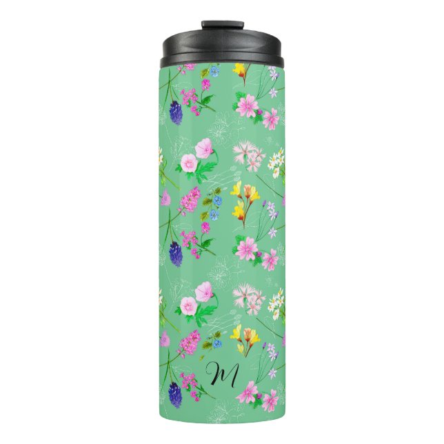 Delicate wildflowers in mint green. Custom. Thermal Tumbler (Front)