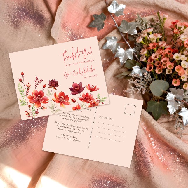 Delicate Wildflowers Juicy Red Pinky Pink Wedding Postcard (Delicate Wildflowers Juicy Red & Pinky Pink Editorial Wedding Thank You Postcard Design. )