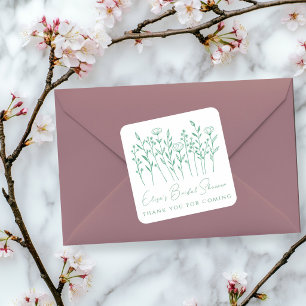 Delicate Wildflowers Line Art Green Bridal Shower Square Sticker