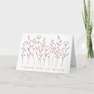 Delicate Wildflowers Line Art Pink Bridal Shower Thank You Card