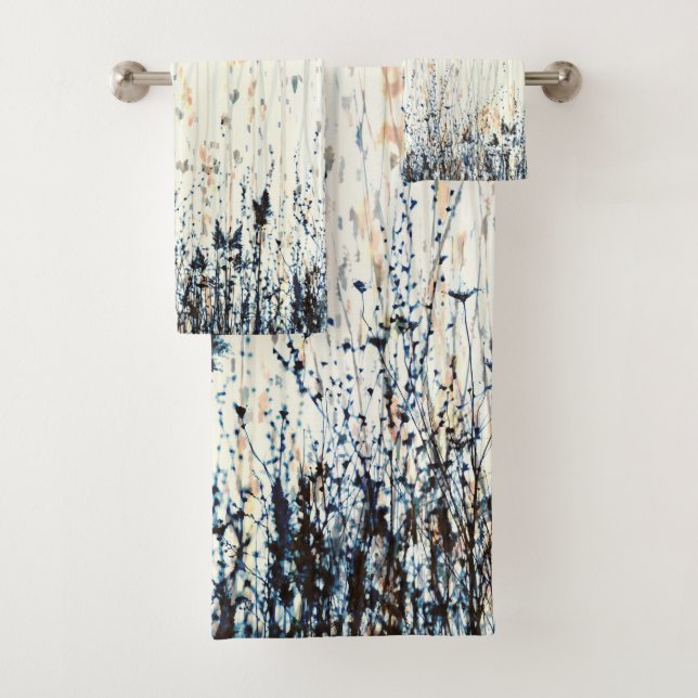 Delicate Wildflowers Watercolour Blue Pale Yellow Bath Towel Set (Insitu)