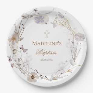 delicate wildflowers wreath Baptism Paper Plate
