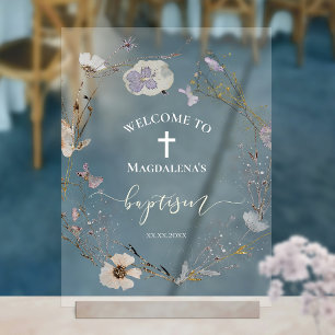 delicate wildflowers wreath Baptism welcome Acrylic Sign