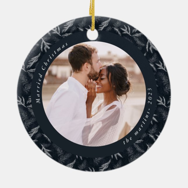 Delicate Winter Botanical Married Christmas Photo Ceramic Tree Decoration (Back)