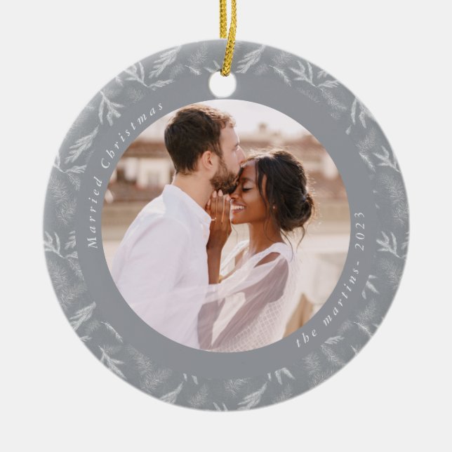 Delicate Winter Botanical Married Christmas Photo Ceramic Tree Decoration (Front)