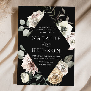 Delicate Winter Floral Frame Black Wedding Invitation