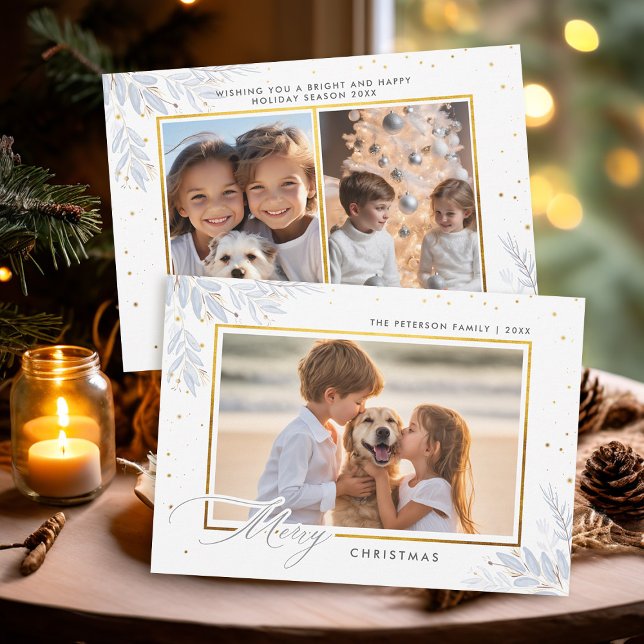 Delicate Winter Greenery Gold Kids Photo Christmas Holiday Card (christmas card kids photo template winter greenery gold frame modern minimalist simple chic)