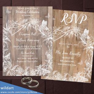DELICATE Wreath White Butterfly Wood Wedding RSVP  Invitation