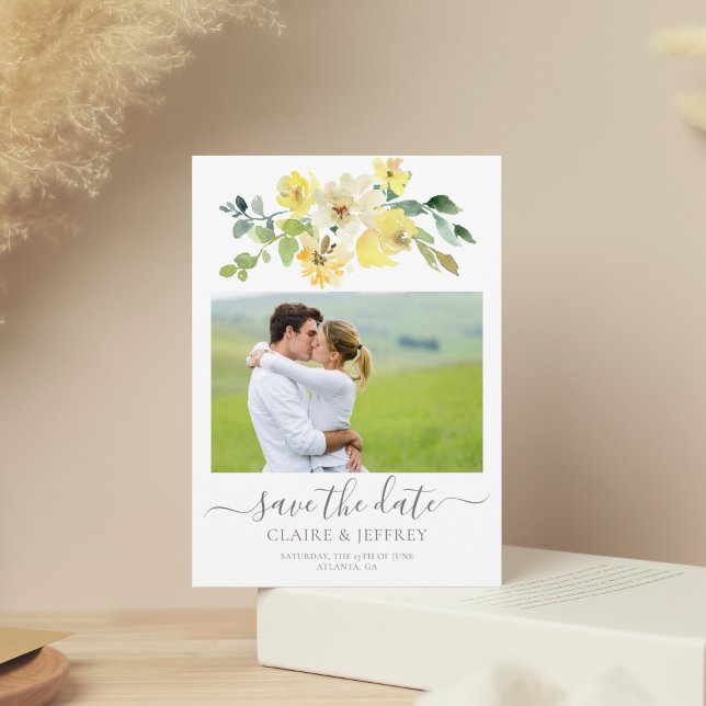 Delicate Yellow Floral Couple Photo Summer Garden Save The Date (Creator Uploaded)