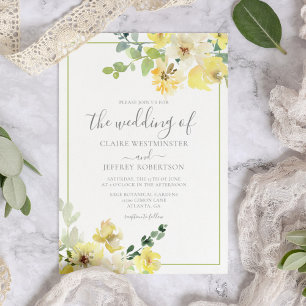 Delicate Yellow Floral Sage Green Summer Wedding Invitation