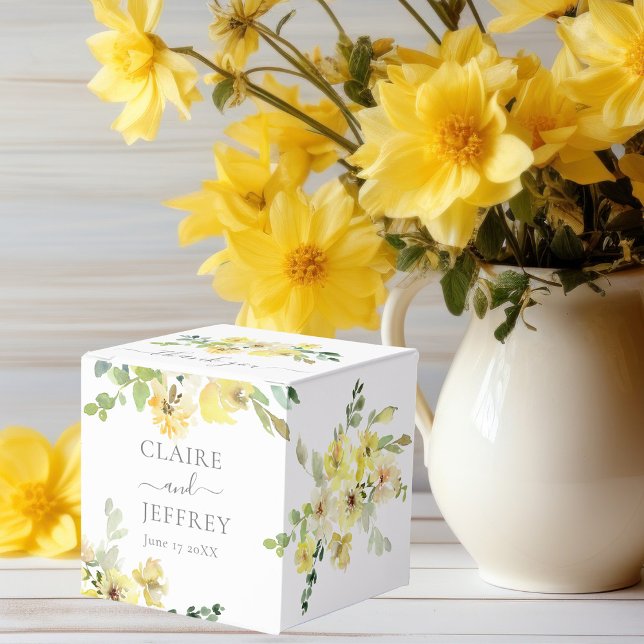 Delicate Yellow Floral Sage Green Wedding Square Favour Box (Creator Uploaded)