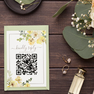 Delicate Yellow Floral Sage QR Code Summer Wedding RSVP Card