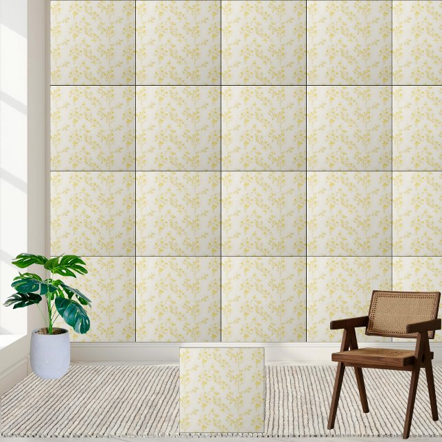 Delicate Yellow Forsythia Floral Pattern  Tile (Delicate Yellow Forsythia Floral Pattern Ceramic Tile)