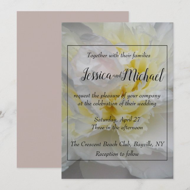 Delicate yellow & white peony rose wedding invite (Front/Back)
