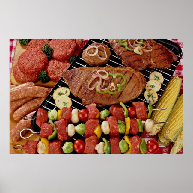 Delicious Barbecue with uncooked and cooked meat o Poster (Front)