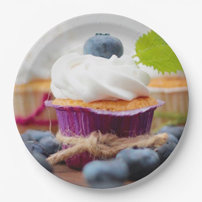 Delicious Blueberry Cupcake with Whipped Cream Paper Plate (Front)