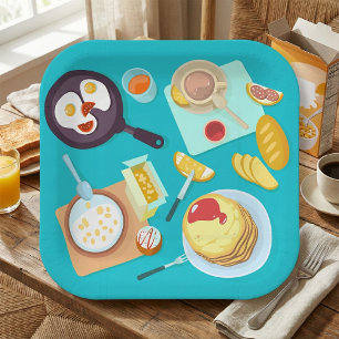 Delicious Breakfast Pancakes Eggs Coffee  Paper Plate
