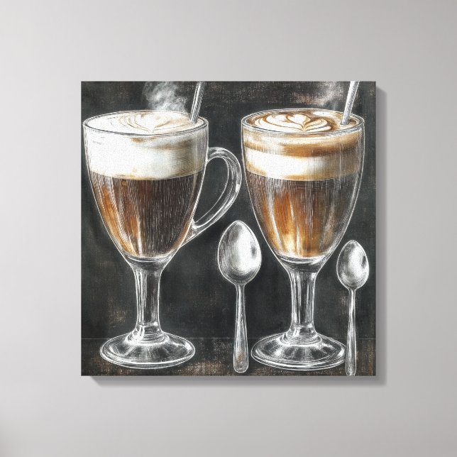 Delicious Coffee Drinks In Glass Mugs Canvas Print (Front)