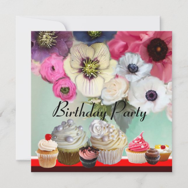 DELICIOUS CUPCAKES BIRTHDAY PARTY ,red pink black Invitation (Front)