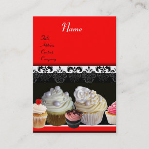 DELICIOUS CUPCAKES DESERT SHOP, black red Business Card