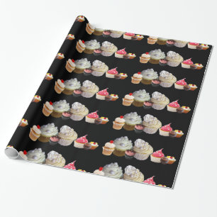 DELICIOUS CUPCAKES DESERT SHOP, Pink Black Red Wrapping Paper