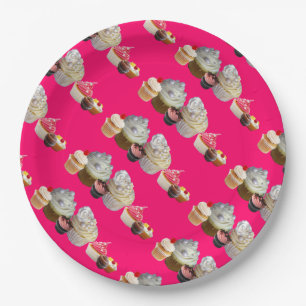 DELICIOUS CUPCAKES DESERT SHOP, Pink,Fuchsia White Paper Plate