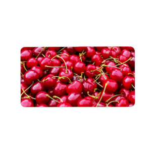Delicious fruity red cherries fruit food pattern label