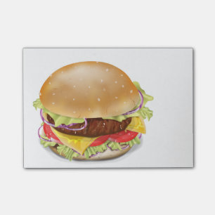 Delicious hamburger or cheeseburger. post-it notes