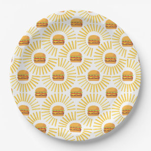 Delicious hamburger with fries paper plate