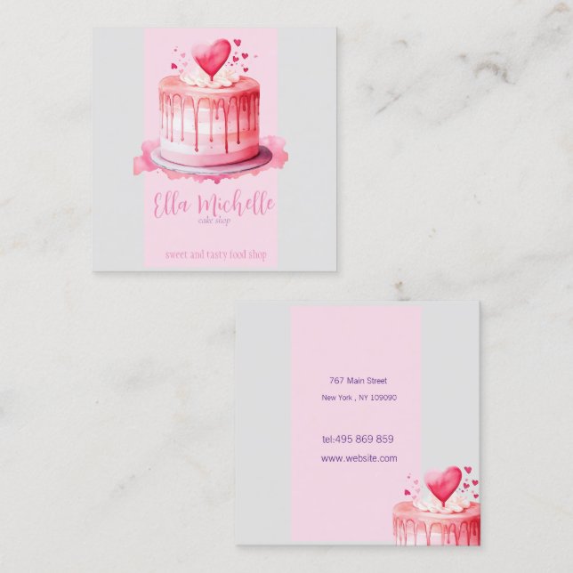 delicious pink cake square business card (Front/Back)
