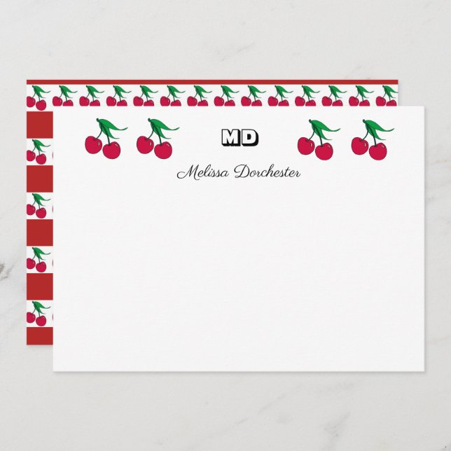 Delicious Red Cherry Monogrammed Card (Front/Back)