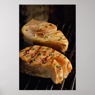 Delicious Salmon steaks on grill Poster