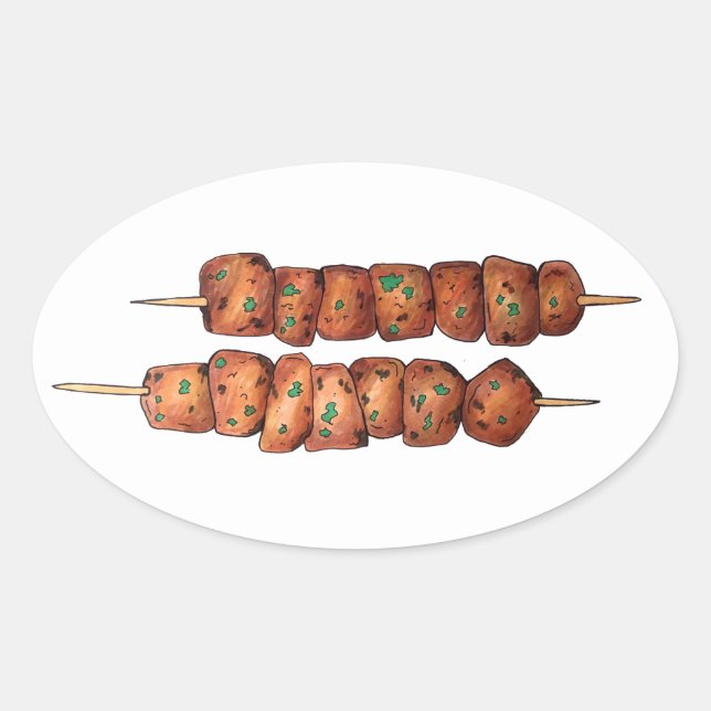 Delicious Souvlaki Meat Pork Skewer Greek Cuisine Oval Sticker (Front)