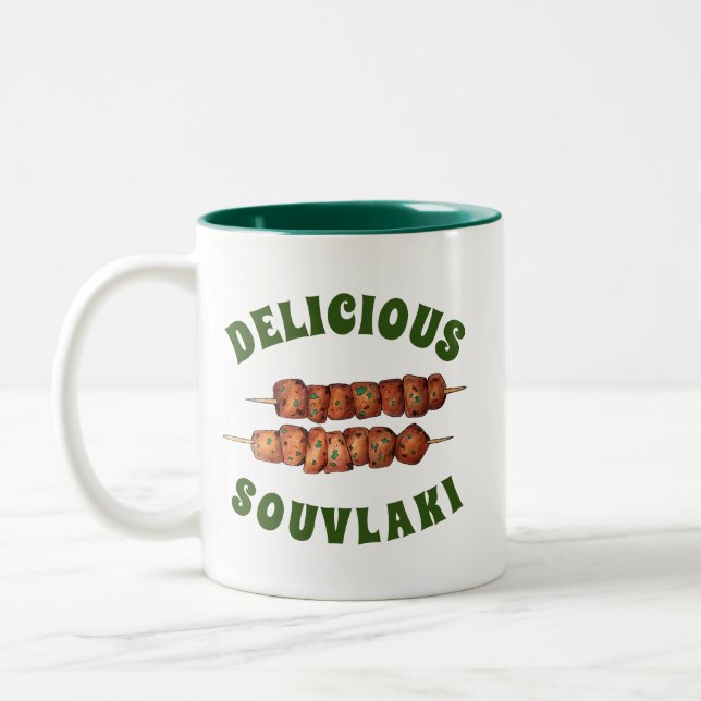 Delicious Souvlaki Meat Pork Skewer Greek Cuisine Two-Tone Coffee Mug (Left)