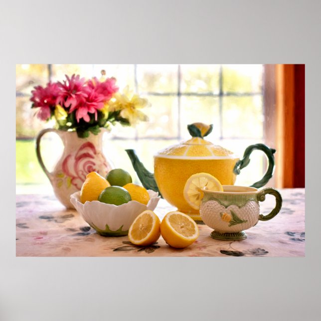 Delicious Tea Party Pink Flowers And Lemon Drink Poster (Front)