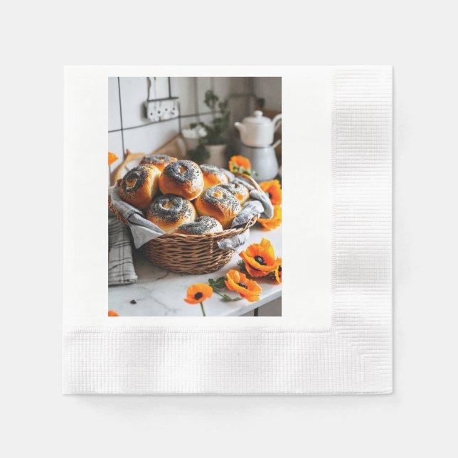 "Deliciously Fragrant Poppy Seed Rolls in a Basket Napkin (Front)