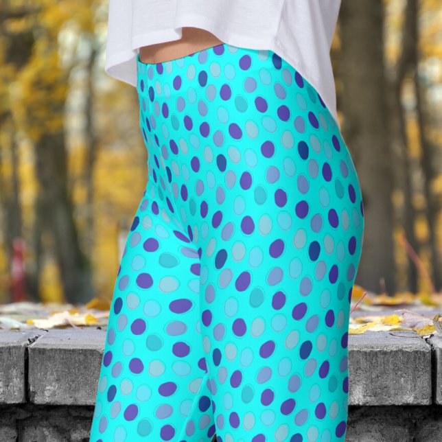 Delightful Blue and Cyan Blue Polka Dot Pattern Leggings (Blues on Cyan Blue Leggings)