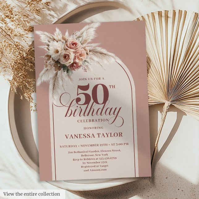 Delightful Boho Dusty Rose Pampas Floral 50th  Invitation (Delightful Boho Dusty Rose Pampas Floral 50th Birthday)