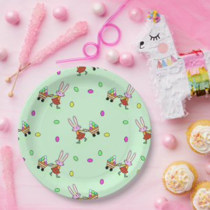 Delightful bunnies carrying Easter eggs Paper Plate