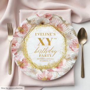 Delightful Dusty Pink Floral Birthday Paper Plates