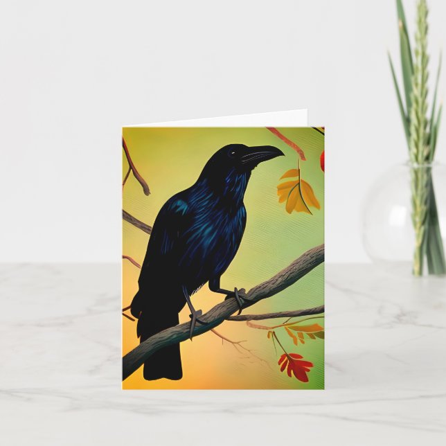 Delightful Fun Raven Perched On Branch Card (Front)