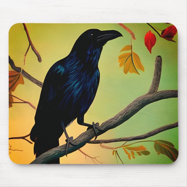 Delightful Fun Raven Perched On Branch Mouse Pad (Front)