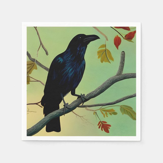 Delightful Fun Raven Perched On Branch Napkin (Front)