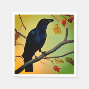 Delightful Fun Raven Perched On Branch Napkin