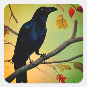 Delightful Fun Raven Perched On Branch Square Sticker