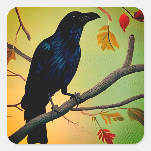 Delightful Fun Raven Perched On Branch Square Sticker (Front)